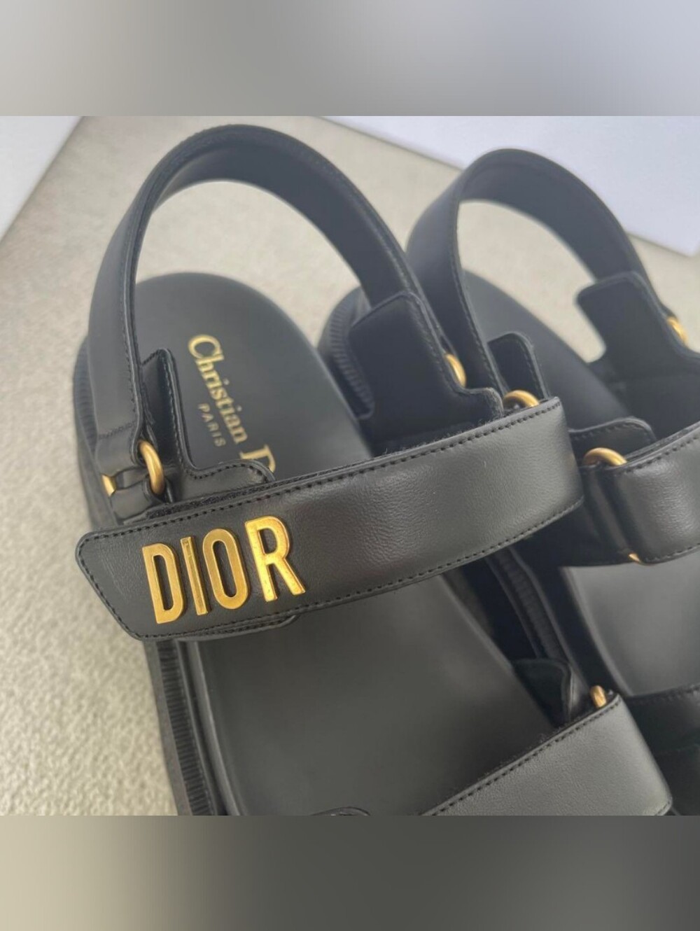 Dior Black Leather Platform Sandals with Gold Logo - Picture 3 of 8
